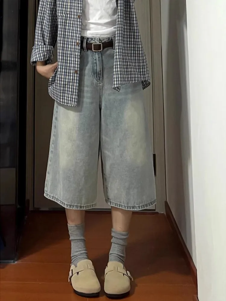 

plus Size Women's Vintage Denim Shorts Summer New Style Pear Shape Loose Slim High Waist Wide Leg Seven-Foot Pants