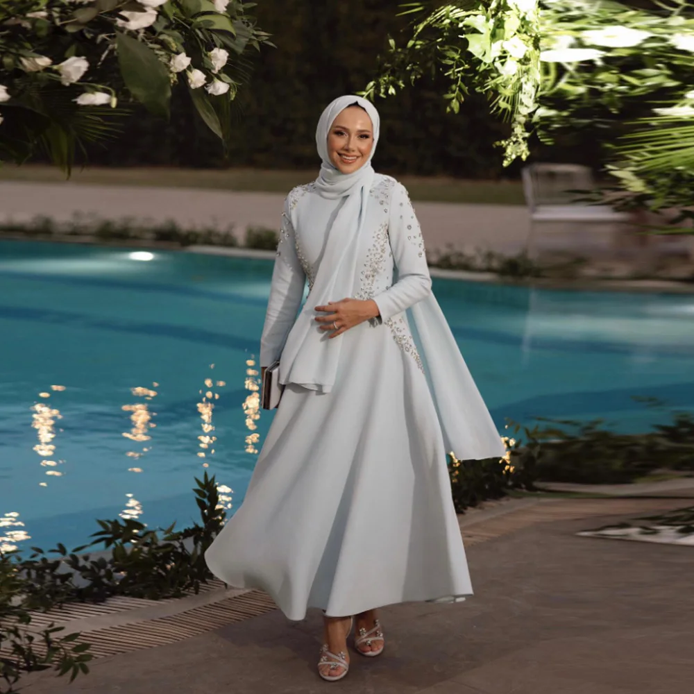 

Sky Blue A-Line Evening Dress High Neck Long Sleeves with Applique and Pleat Women Floor Length Customized Gowns