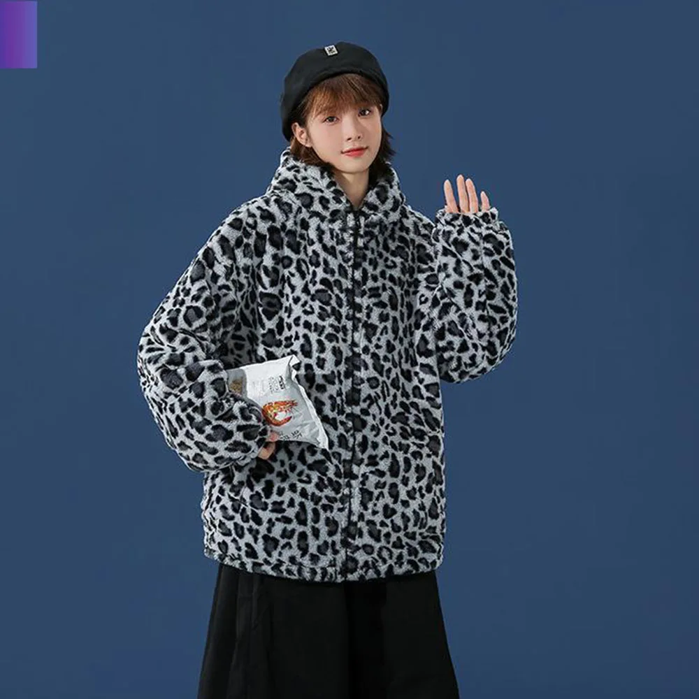 Leopard-print Imitation Lamb Wool Coat Women's Fashion Age Reduction 2024 New Autumn And Winter Fleece Warm Hooded Cotton Coat.