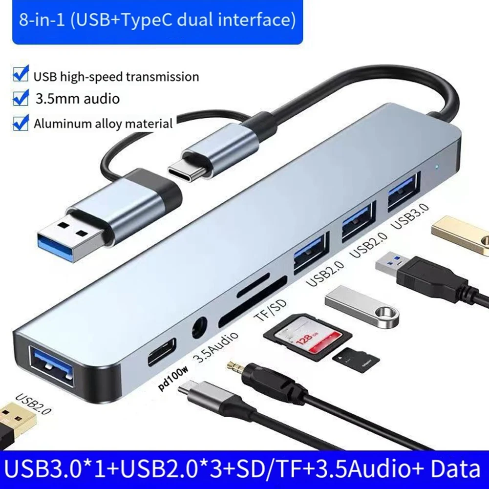 8-In-1 Hub 4 USB Multi-Port Adapter With PD100W,SD/TF,Audio3.5, For Laptops, Tablets And Phones