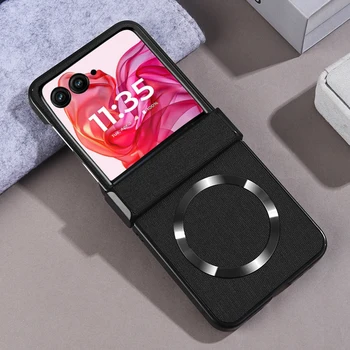 Capa de dobradiça para magsafe magnética sem fio, textura de pano, plástico rígido, capa à prova de choque para motorola razr 50 ultra plus 2024