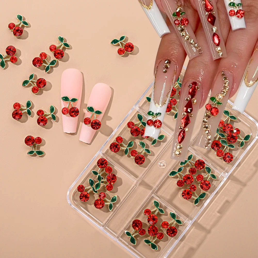 6 شبكات 24/36 قطعة سبائك الأحمر الكرز مسمار الراين ثلاثية الأبعاد لامعة الزنك معدن الكرز تصميم مسمار سحر لامعة مجوهرات أظافر الحرف DIY M5