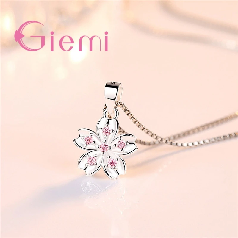 High Quality Cherry Blossoms Flowers Five Petals Design Pink Clear CZ 925 Sterling Silver Women Bridal Wedding Pendant Necklace