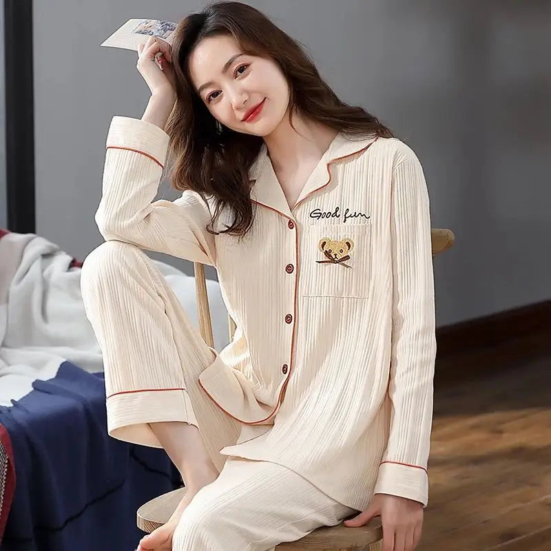 Pajama Sets Women Spring Solid Embroidery Sleepwear Nightgowns Home Single Breasted Long Sleeve Turn-down Collar Thin Casual