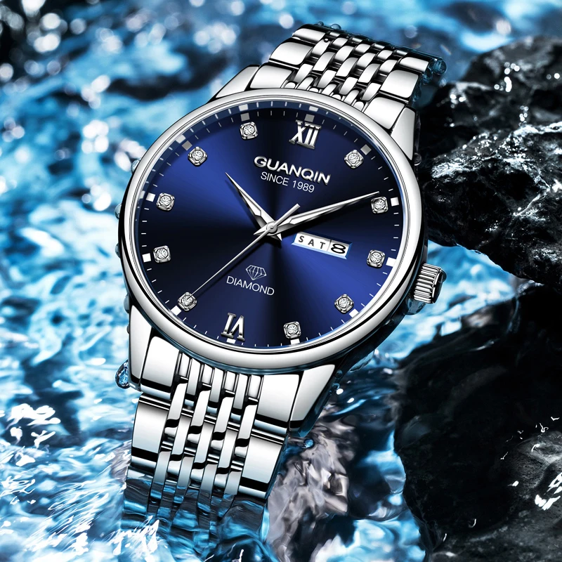 

GUANQIN Luxury Men Quartz Watch Stainless Steel Alloy Case Dual-Language Date Business Leisure 30M Waterproof Luminous Watches