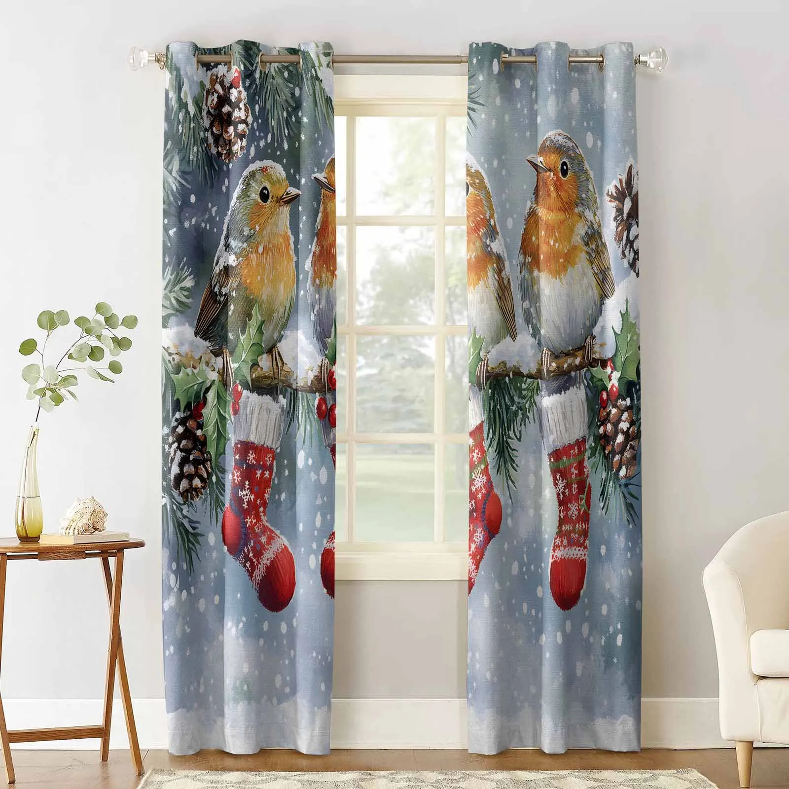 Christmas Winter Bird Christmas Socks Living Room Bedroom Window Treatment Blinds Drapes Modern Kitchen Curtains