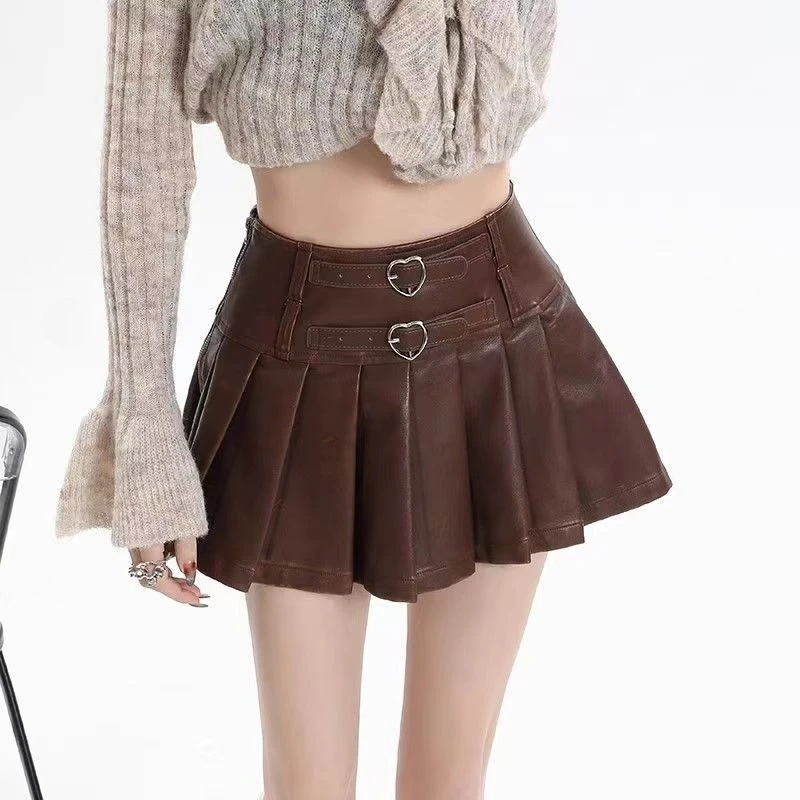 

Deeptown Vintage Brown Leather Skirt Women Y2k Sexy Gothic Pleated Mini Skirt Black Punk Grunge Retro Short Skirts Streetwear
