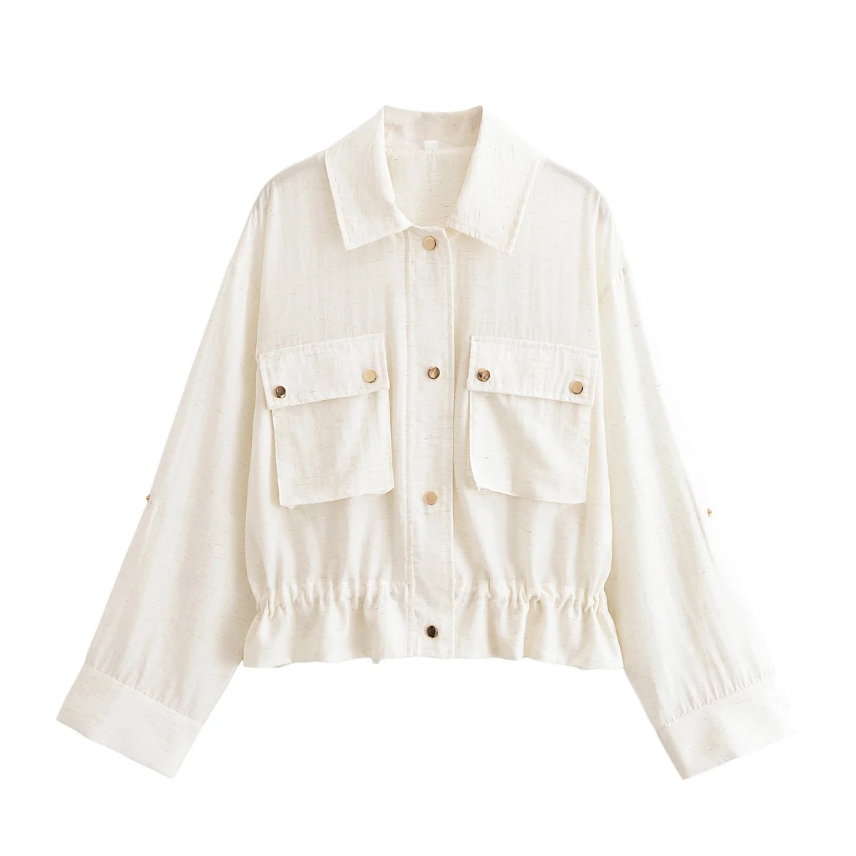 

Topenomi Women Shirt 2025 Autumn New Lapel Metal Button Pockets Folds Waist Short Blouses Vintage Elegant Versatile Loose Tops
