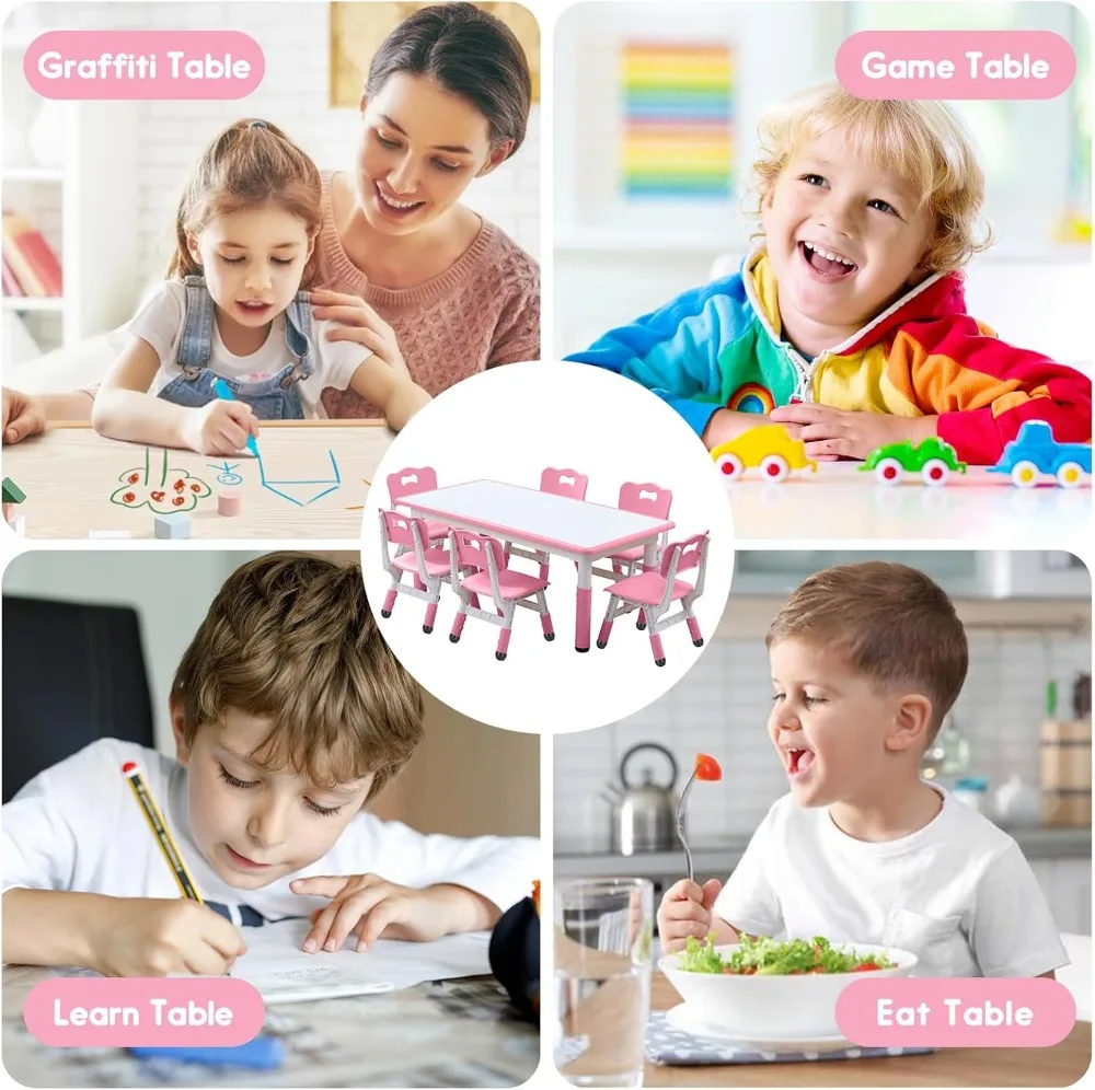 ชุดโต๊ะและเก้าอี้เด็กแบบปรับได้พร้อมที่นั่ง 6 ที่ โต๊ะศิลปะและงานฝีมือสำหรับเด็กอายุ 3-12 ปี ขาโต๊ะกันลื่น