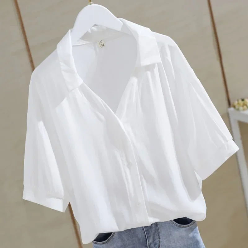 Half Sleeved Green V-neck Short Sleeved Shirt Women Mid Length Shirt Women's Summer