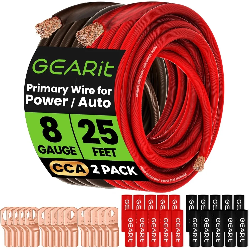 Kit de cables de batería automotriz de calibre 8 con envoltura termorretráctil y terminales, cable negro/rojo de 25 pies para audio de automóvil