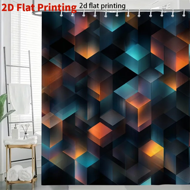 3D Geometric Cube Shower Curtain, Abstract Colorful Blocks Print Waterproof Bathroom Decor, Modern Tech Home Bath Screen