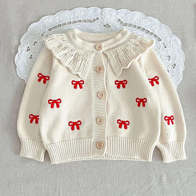 Autumn Winter Toddler Baby Girls Knitting Clothes Suit Embroidered Cardigan Coat+Jumpsuit Children Knitted Clothing Set