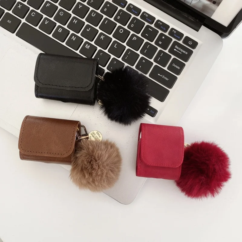 Fashion Leather Earphone Cover For Apple Airpods 4 3 2 Pro 3 Case with Plush Ball Charm Cute Headphone Cases For Airpod Pro3 Gen