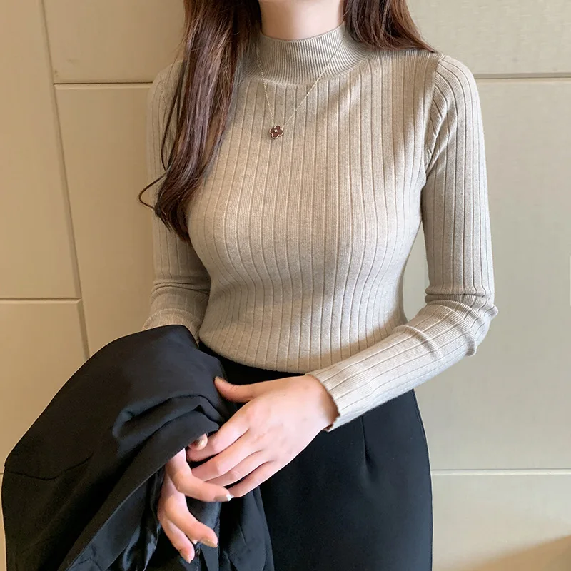 

Autumn Winter New Women's Stylish Mid Neck Knitwear Thin Half High Neck Base Layer Long Sleeve Sweater Inner Top