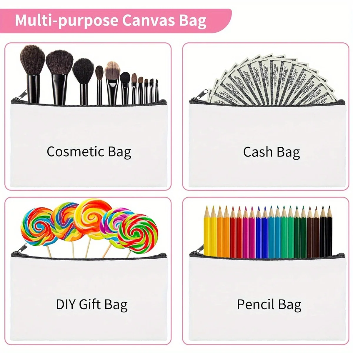 10-Pack Sublimation Blank White Canvas Makeup & Pen Pouches,Versatile Travel Toiletry Polyester Bags for DIY Crafting