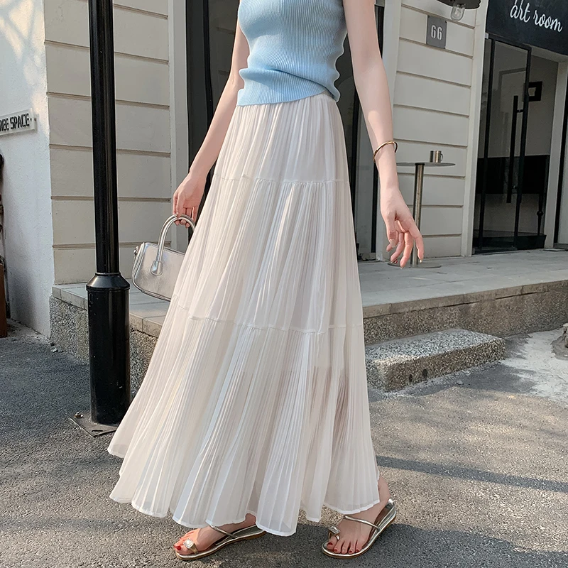 

Ele Chiffon A-Line Midi Skirt with Pleats And Flared Hemline Women's Base Csole Qipao Skirt Loose And Flowing Cake Skirt