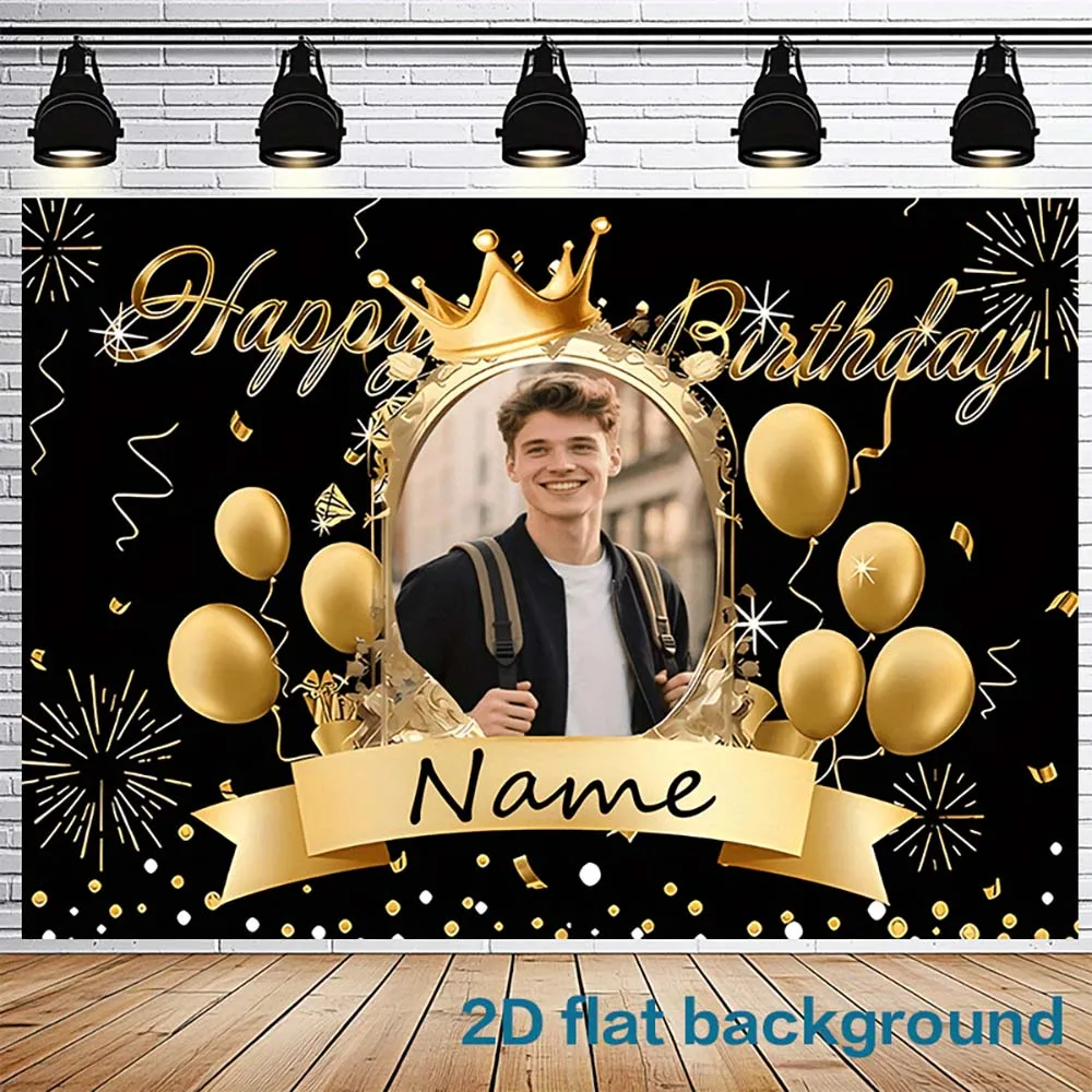 1 Stück Maßgefertigter Gold-Schwarzer Happy Birthday Fotohintergrund für Erwachsenen-Geburtstagsfeier-Dekoration