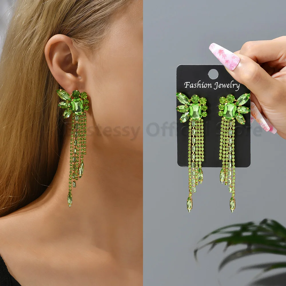 Green Crystal Large Dangle Piercing Earrings Luxury Statement Petals Long Pendant Modern Women Geometric Party Fashion Jewelry