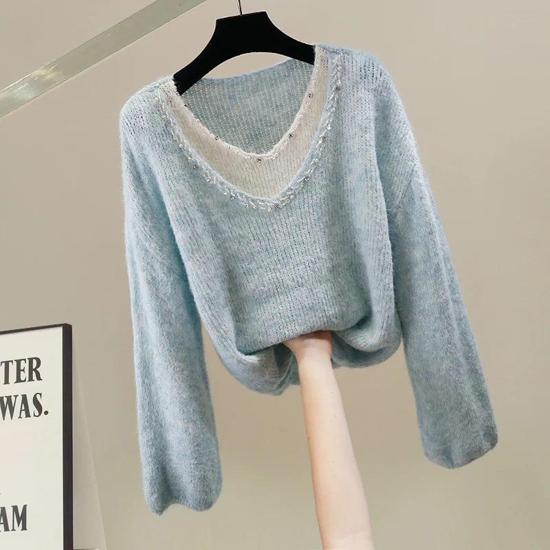 

Korean Sle Beaded Knit Sweater Loose Long Sve Versatile Faionable Heavy Design Sense Casual Aosphere Top