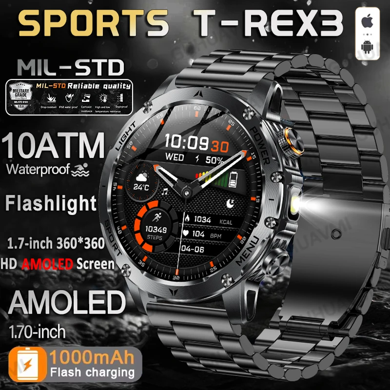 2025 New HOT Military outdoors Smart Watch Men 1.7 inches HD AMOLED Screen  Heart Rate HD Call 10ATM Waterproof SmartWatch Men's