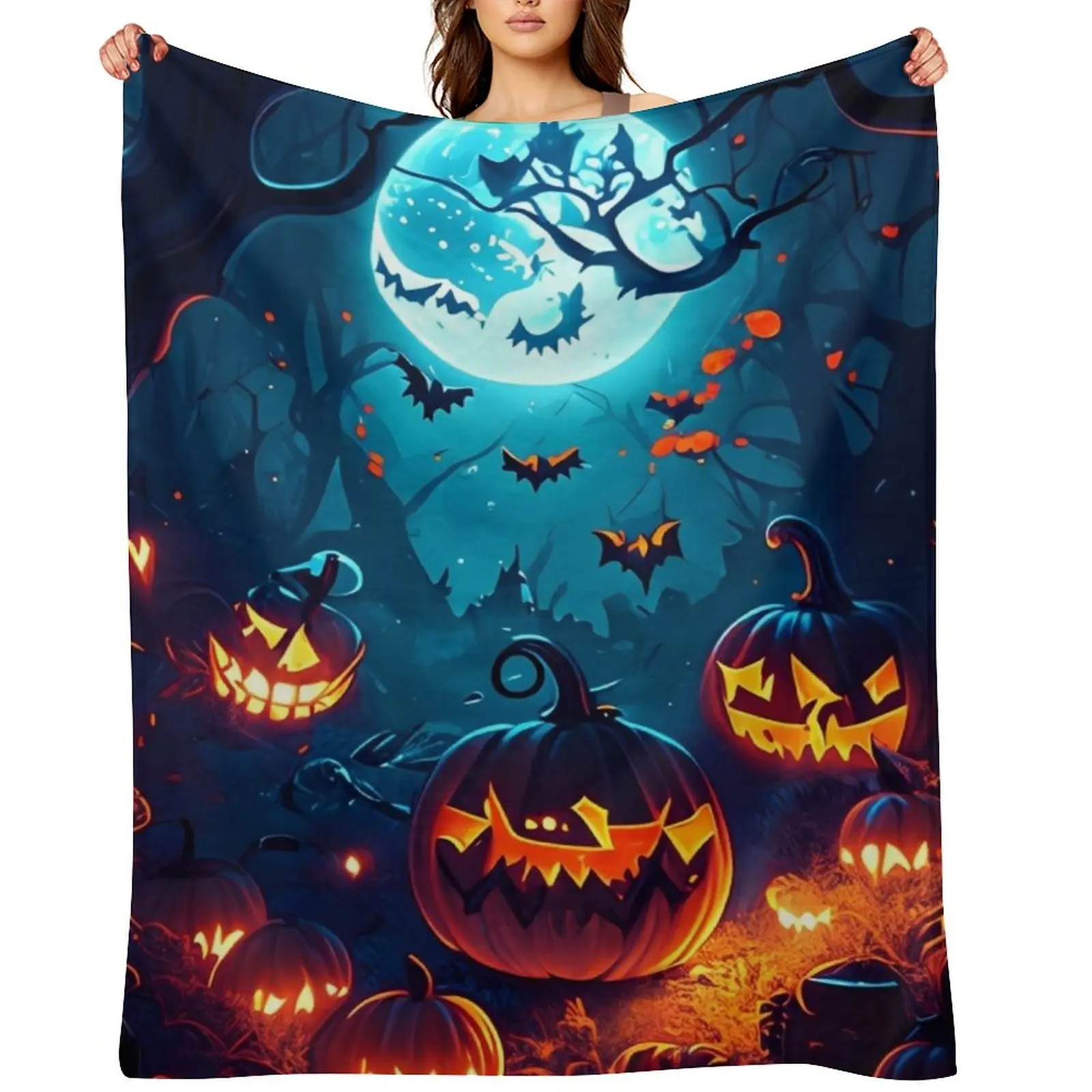

Enchanted full moon night: glowing pumpkins in the forest Throw Blanket warm winter valentine gift ideas Blankets