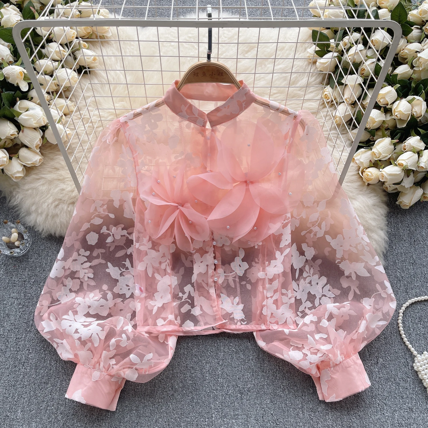 Chic Elegant Mesh Three-dimensional Floral  Puff Long Sleeve Loose Top Vintage Korean Fairy Crop Top Autumn Women Clothing