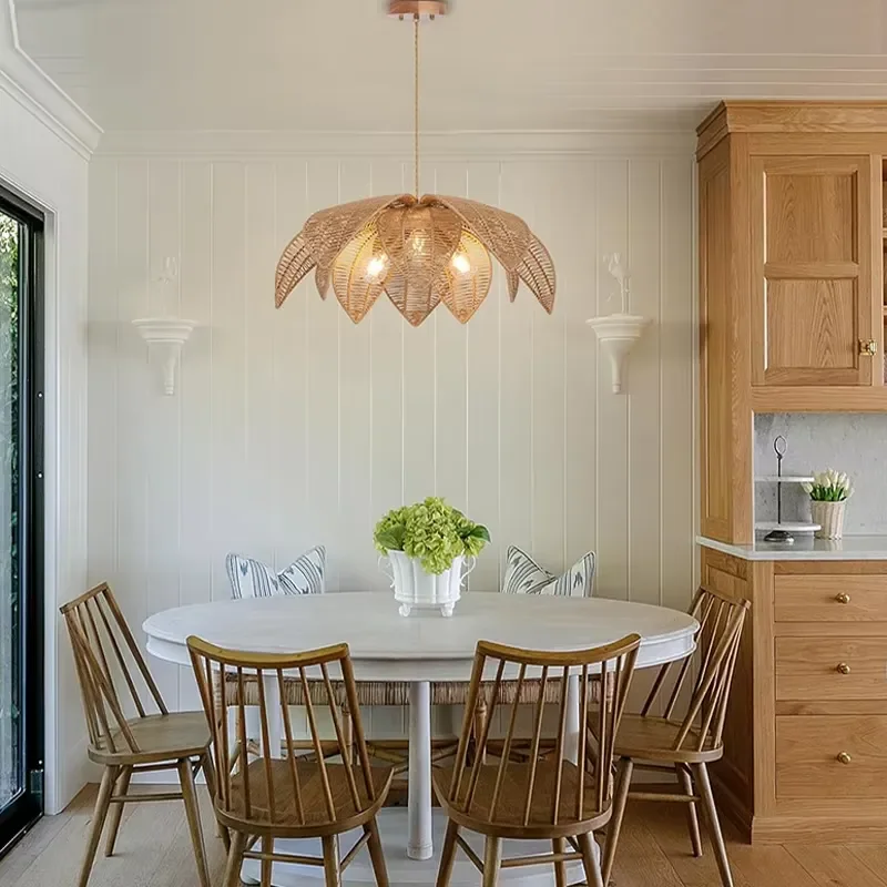 Nordic American Retro Rattan LED Hanging Lamp For Living Dining Room Bedroom Restaurant Home Decor Natural Material Shape