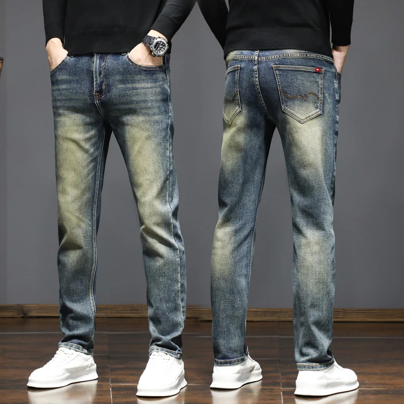 High-quality American retro jeans men's 2025 autumn new micro-elastic popular wear-resistant wash slim straight pants