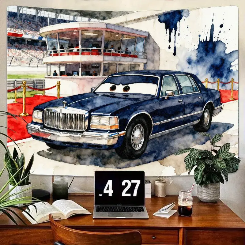 

1 шт., мультяшный синий классический автомобильный гобелен, седан с глазами, настенное искусство, гоночная трасса, декор для красной ковровой дорожки, подарок для комнаты мальчиков, гостиной, общежития для