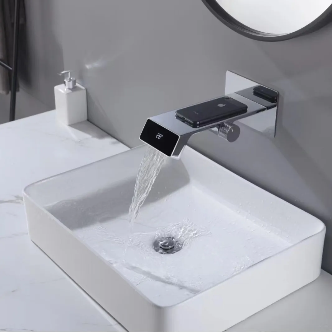 

Digital Display Bathroom Faucet Temperature Control Full Copper Casting Hot Cold Water Basin Tap