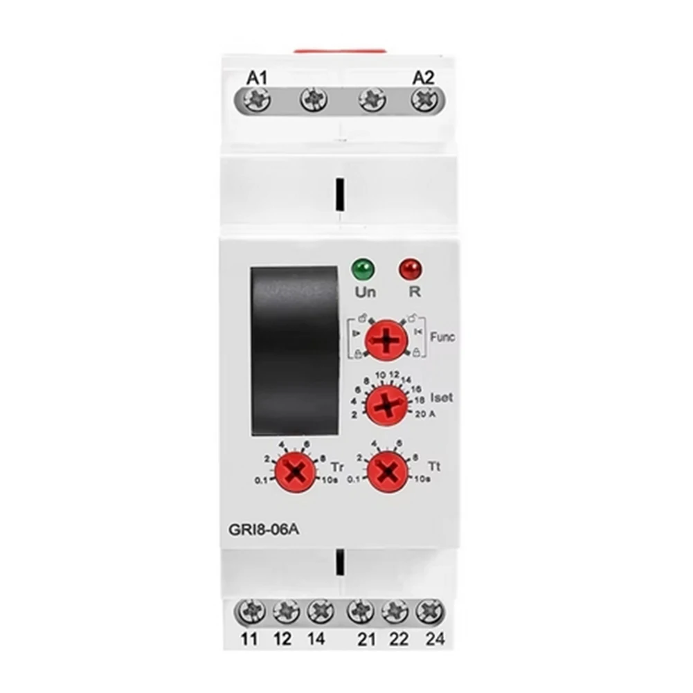 AC Current Monitoring Relay GRI8-06A for Industrial Use with DIN Rail Mounting and Dual SPDT Output Configuration