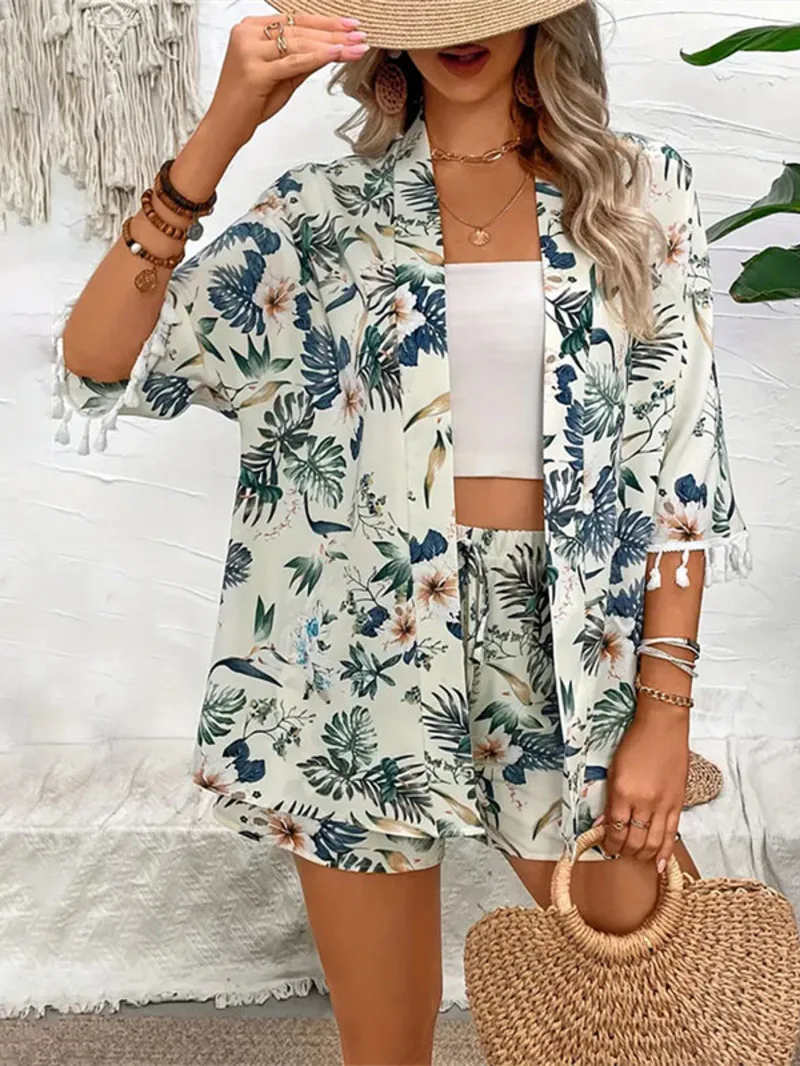 

Two Piece Set For Women Outfits Open-front Cardigan Smock Flower Printed Beach Shorts Summer Suits Female Clothing Beachwear BX9