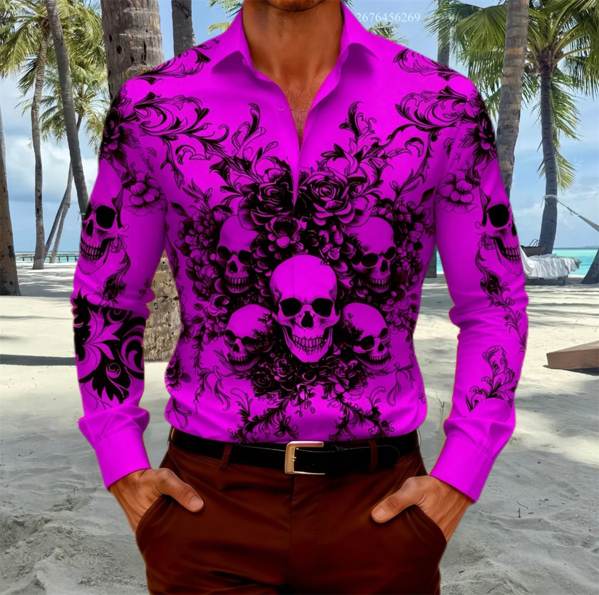 15-цветная мужская рубашка с длинными рукавами и принтом черепа и крыла летучей мыши для вечеринок и повседневной одежды: изысканный череп и орнаментный узор