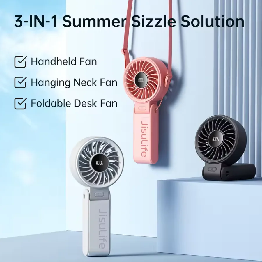 Portable Handheld Fan with LED Display,5 Speeds,5000mAh,150°Folded,3-IN-1 Hand/Desk/Neck Multifunction Personal Fan