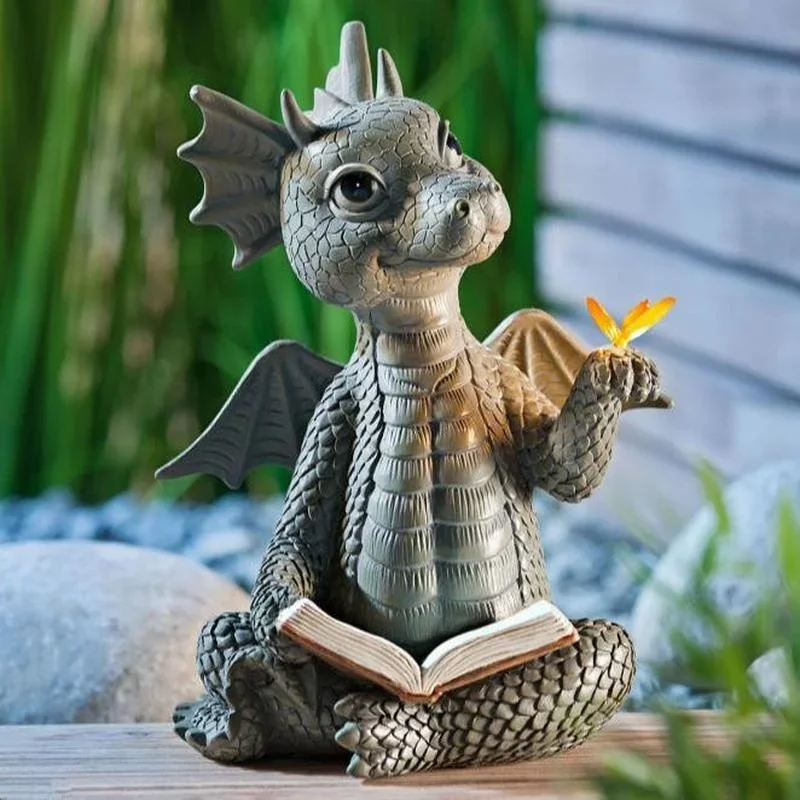 

2024 Cute Little Dragon Dinosaur Meditation Reading Book Sculpture Figure Garden Home Decoration Resin Ornament Outdoor Decor