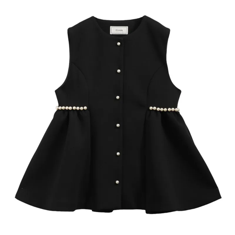 [EWQ] Pearls Design Sleeveless Single Breasted Waistcoats Fashion All-match Women Black Vest Coat 2024 Autumn New Tide 16O2847