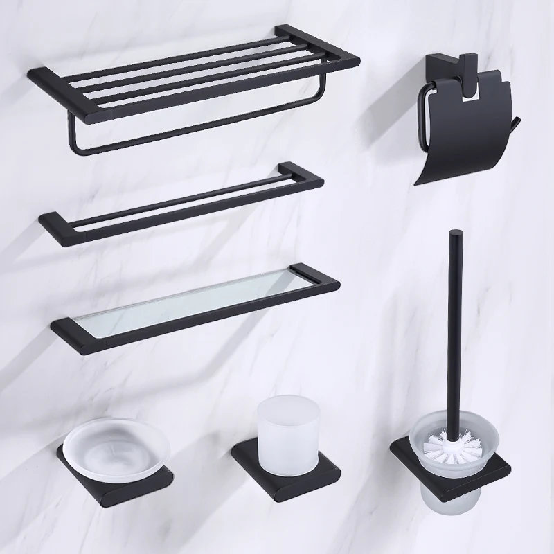 

Black Bathroom Hardware Set Towel Rack Paper Holder Toilet Brush Holder Bathroom Accessories Household Wall-mounted Set