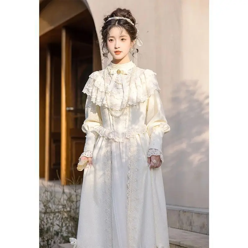 

Vintage Elegant French Hepburn Style White Lace Long Dress for Women Spring Birthday Party Lolita Cosplay Formal Evening Gown