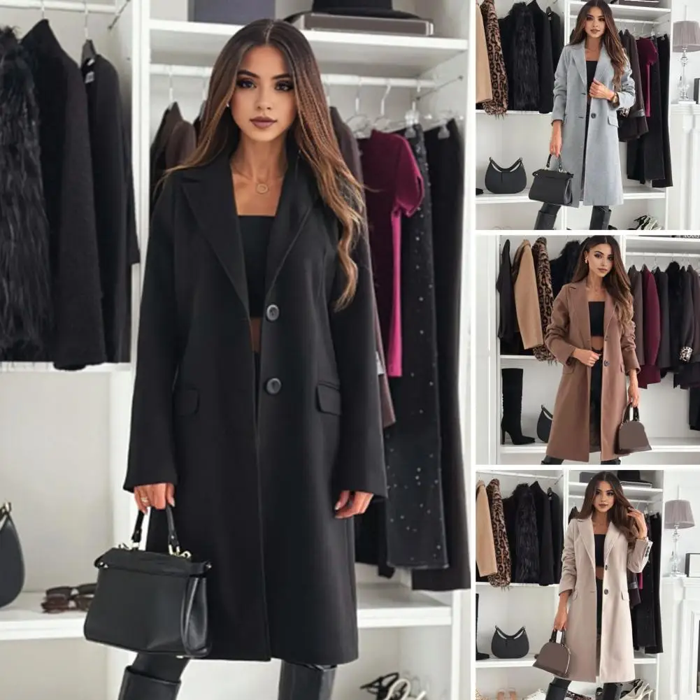 Women Coat Lapel Trench Coat Long Jacket Woolen Overcoat Slim Fit 2026 Lady Luxury Street Outerwear Mid Length Commuting