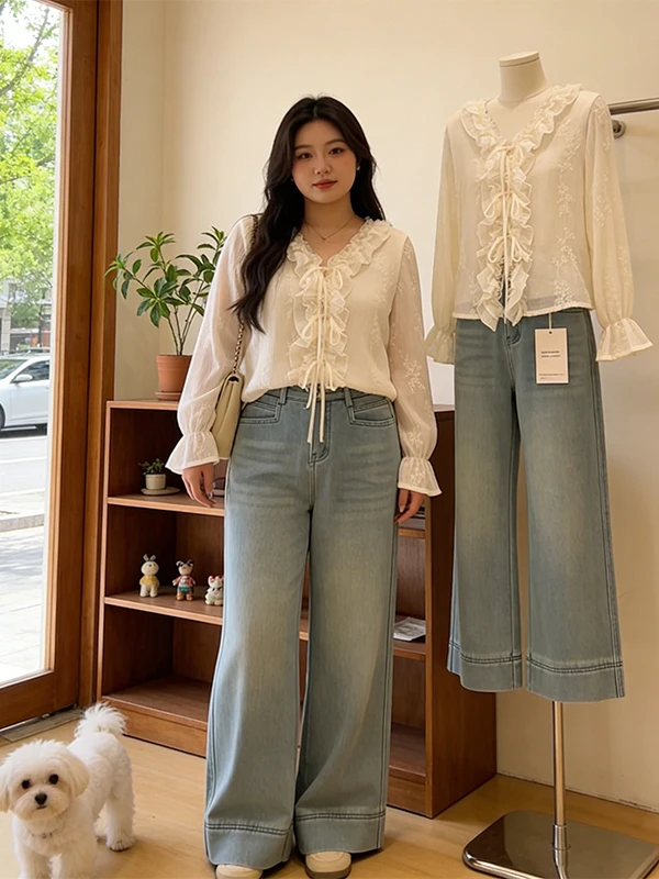 

Ruffle Lace Embroidery V-Neck Chiffon Shirt Women's plus Size Spring New Bell Sleeve Top Loose Fit Long Sleeve Pear Body Type