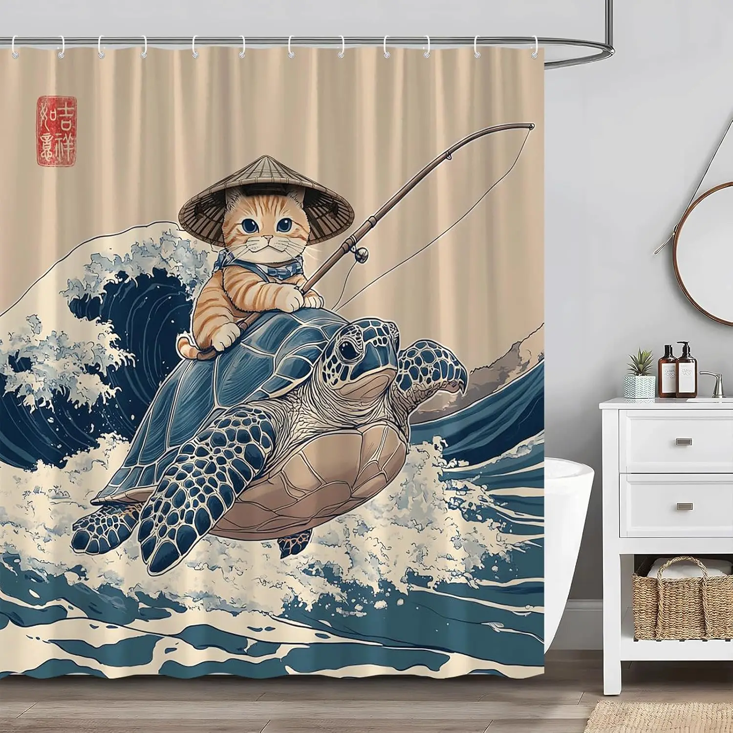 Japanese Cat Shower Curtain Cute Cat Riding Turtle Vintage Blue Ocean Waves Asian Abstract Sea Animal Funny Bathroom Curtains