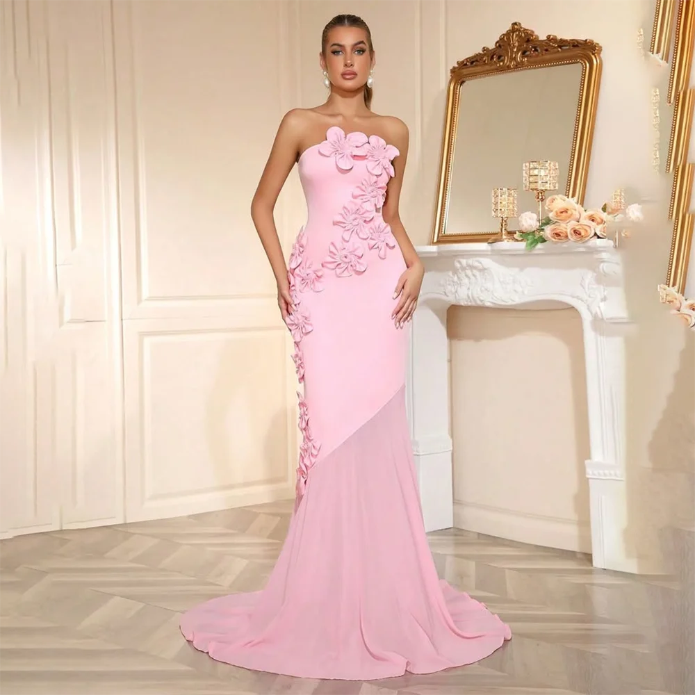 

Long Pink Prom Dress Appliqued Strapless Jersey Evening Gowns Elegant Mermaid Floor Length Formal Party Dresses Customized