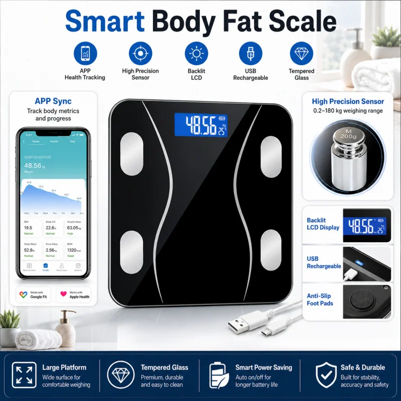 Bluetooth Smart Body Fat Scale - Accurate Home Fat Measuring Device - Adult Female Dormitory Electronic Scale Weight Scales