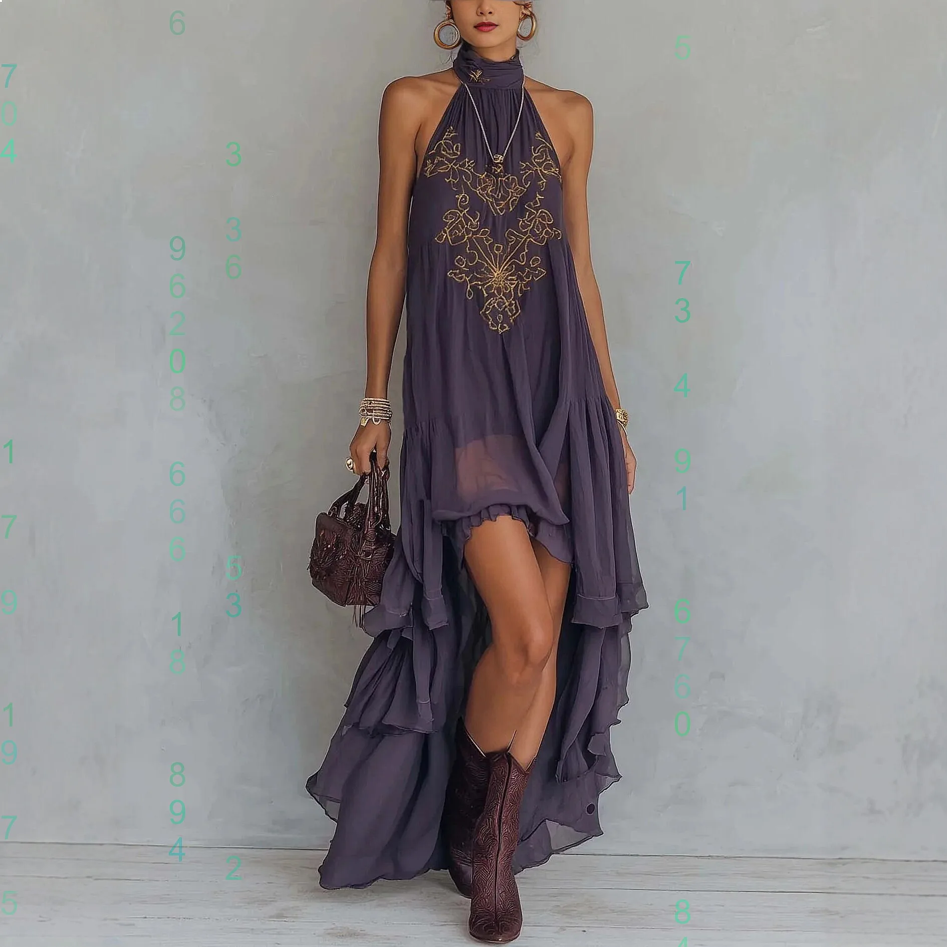 

Purple Print Halter Neck Sleeveless Ruffle Maxi Dress Summer Spring Long Dresses Women Fashion