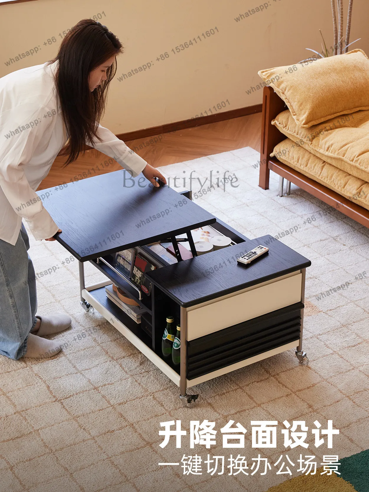Customizable LD Retro Living Room Mobile Lifting Coffee Table Solid Wood Folding Mobile Coffee Table Cart