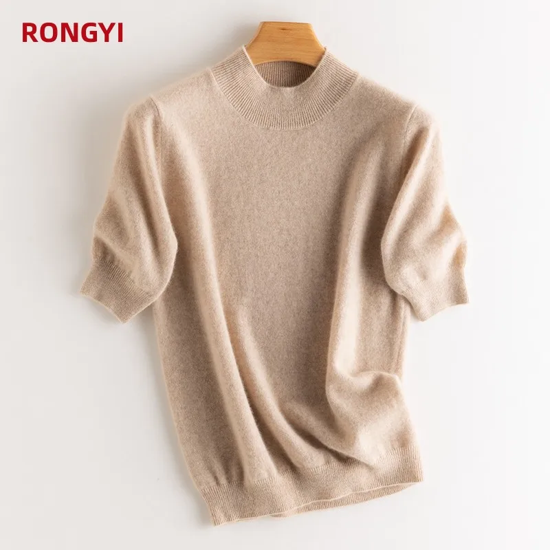 RONGYI  100% Pure Cashmere Short Sleeve T-Shirt Ladies Knitted Pullover Half Sleeve Sweater