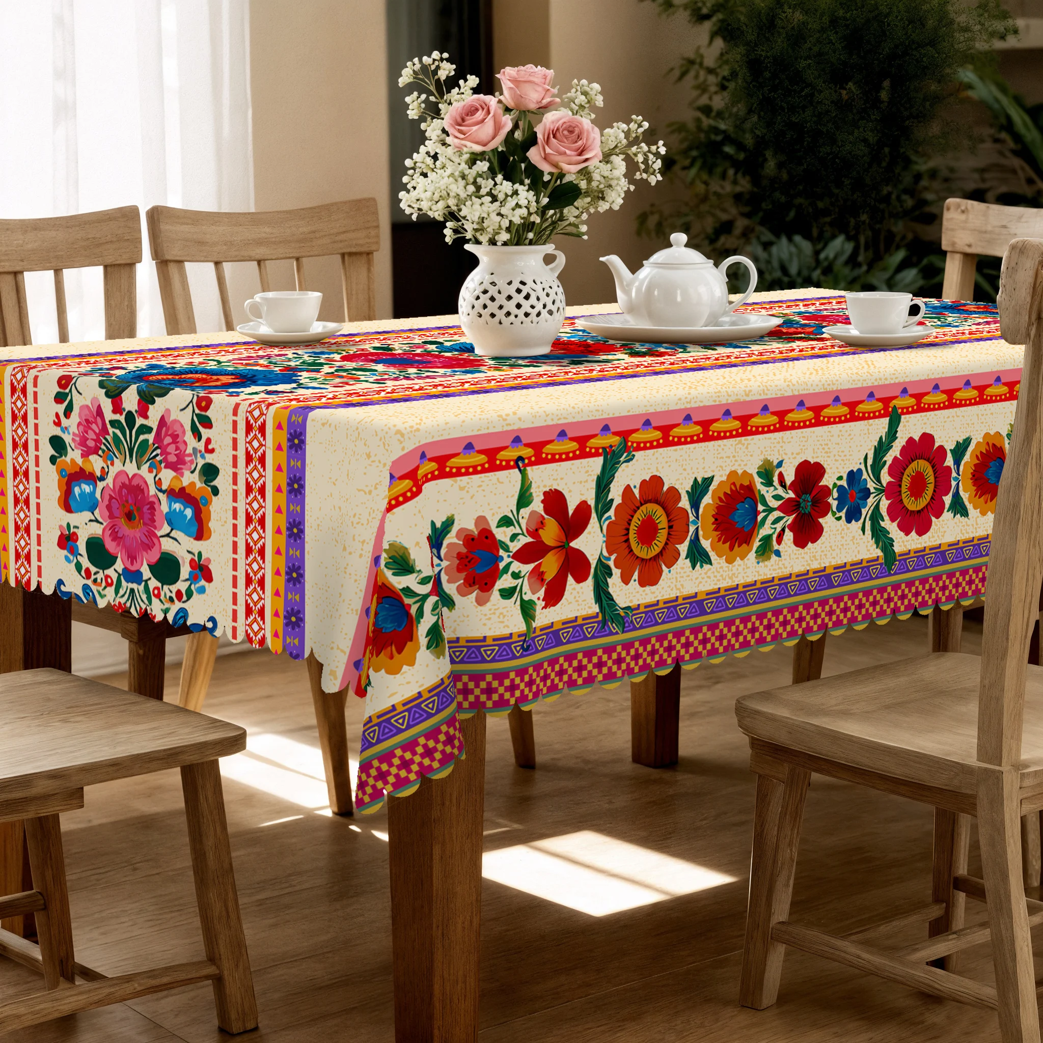 Retro Exotic Style Themed Tablecloth, with Vibrant Floral Designs, Classic Geometric Printed Patterns, Waterproof, Wrinkle-Resistant, Fade-Resistant, Available in Various Sizes, with Embossed Edges, Perfect for Parties and Festivals, Indoor and Outdoor Personalized Decoration, Perfect Gift for Family and Friends, Rectangular and Round Table Covers, Suitable for All Seasons, for Home Kitchens, Rooms, Patios, Balconies, Picnics, Cafes, Restaurants Mexico 6