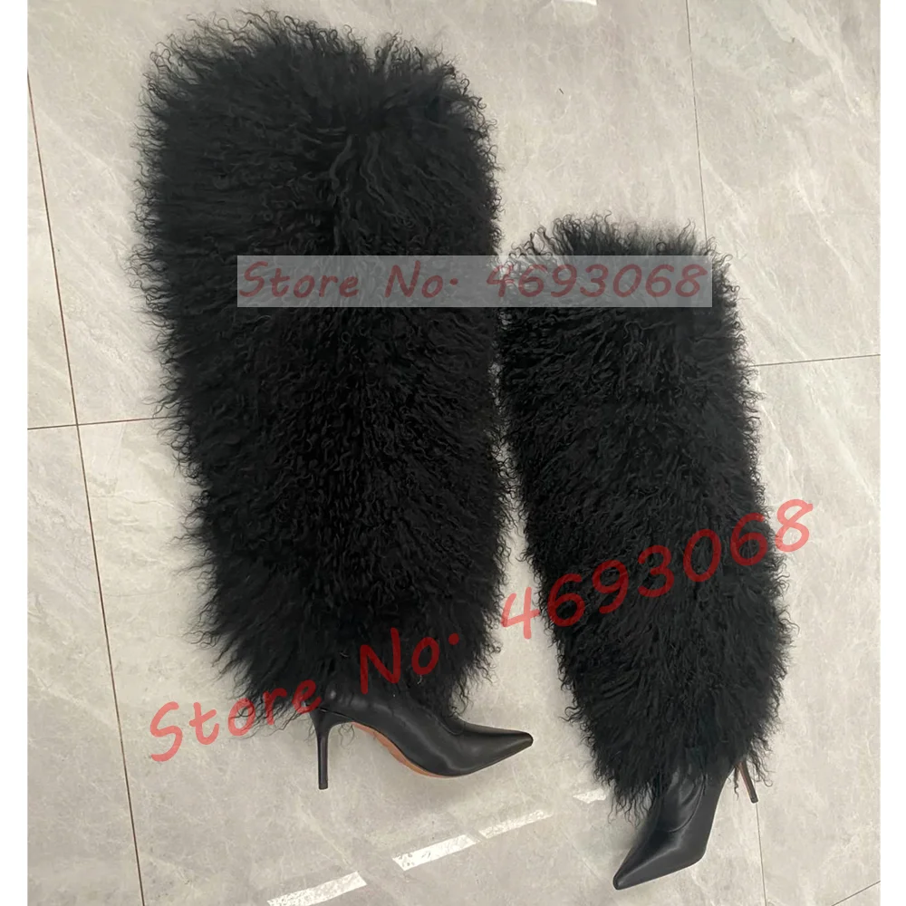 Fluffy Curly Lamb Fur Knee High Boots Women Pointy Toe Sexy Black Stiletto High Heels Party Shoes Ladies Winter Warm Snow Boots