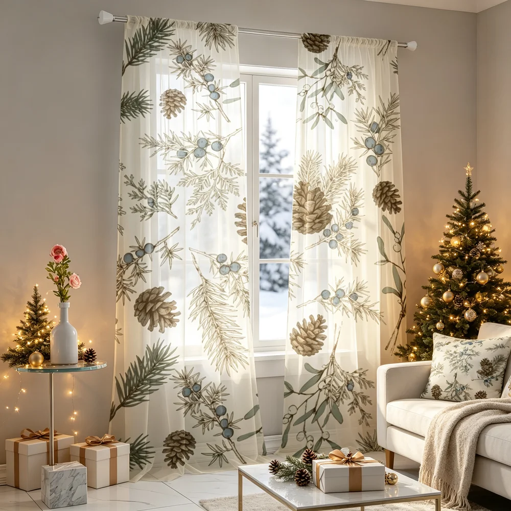 2PCS Christmas Curtains, Line Art Pinecones Juniper Print, Bedroom Living Room Window Drapes, Rod Pocket Polyester, Home Decor